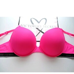 VICTORIA'S SECRET PINK Super Push-Up Bra VS Radiant Rose Pink Black Logo Band